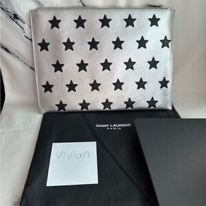Saint Laurent Paris YSL leather large pouch New with dust bag silver/black